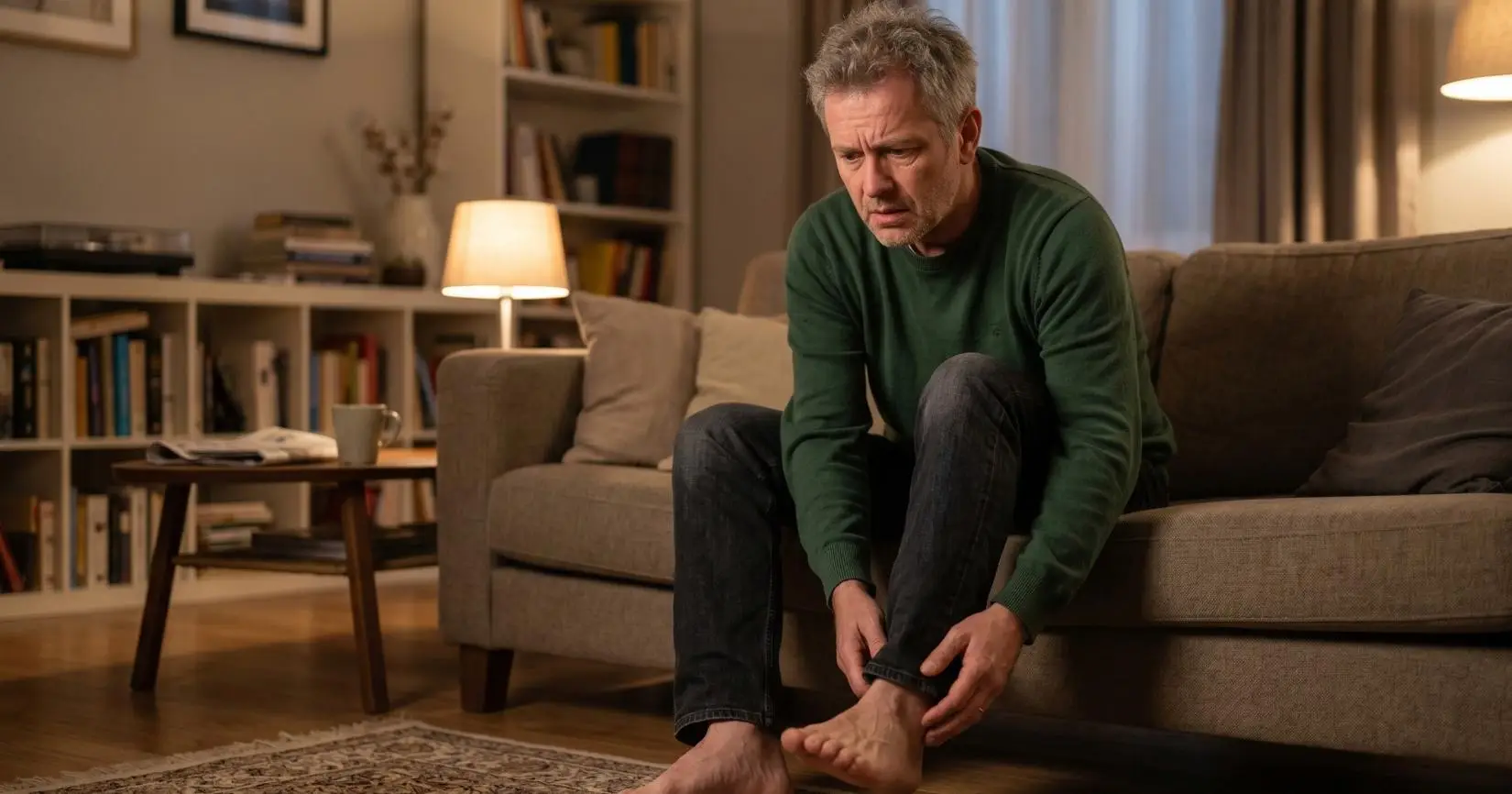 Man inspecting his foot with concern