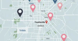 Map illustration of Fayetteville GA area highlighting nail salons near Fayette County High School