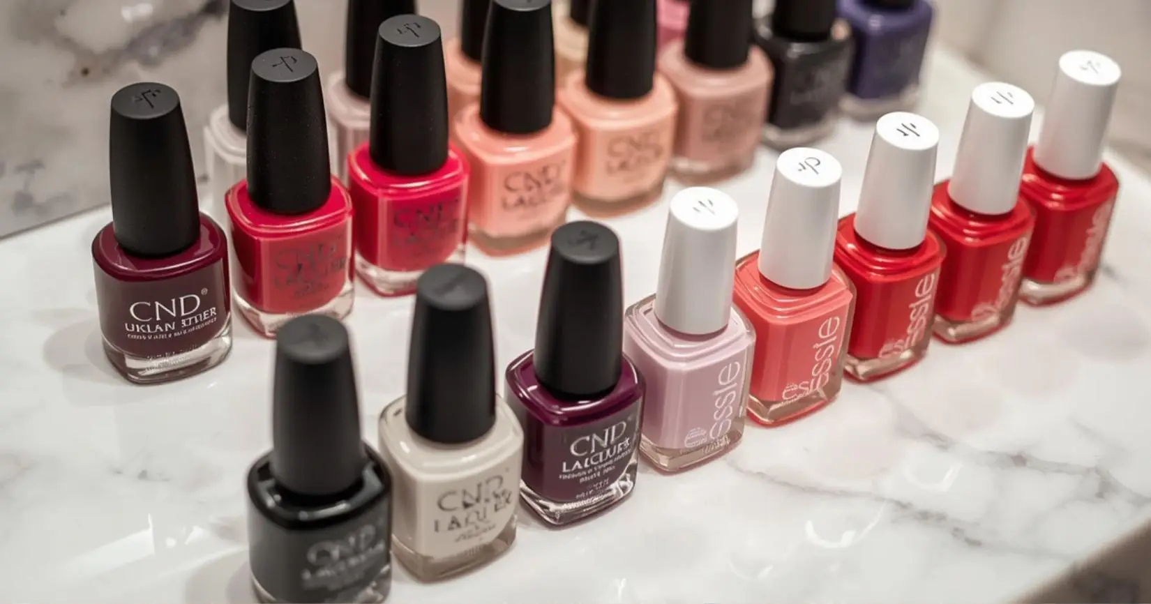 Display of high-quality nail polish brands like CND, OPI, Essie in a salon