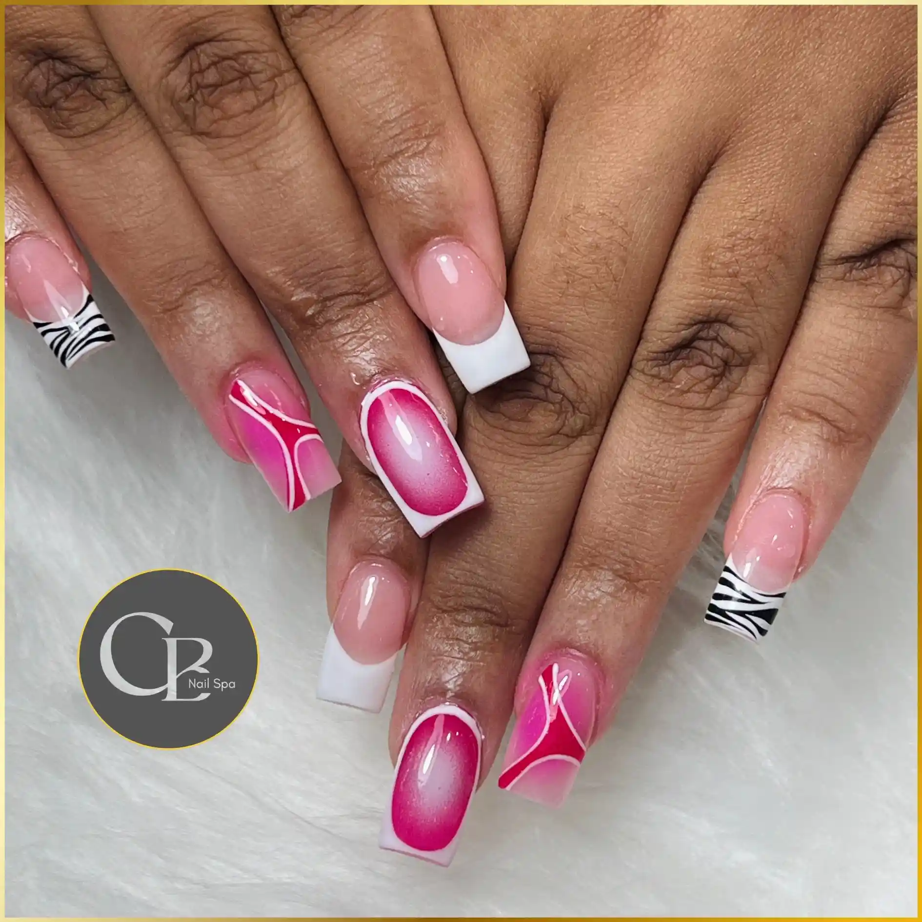 Mix French Zebra Pink Airbrush Square Nails nail design