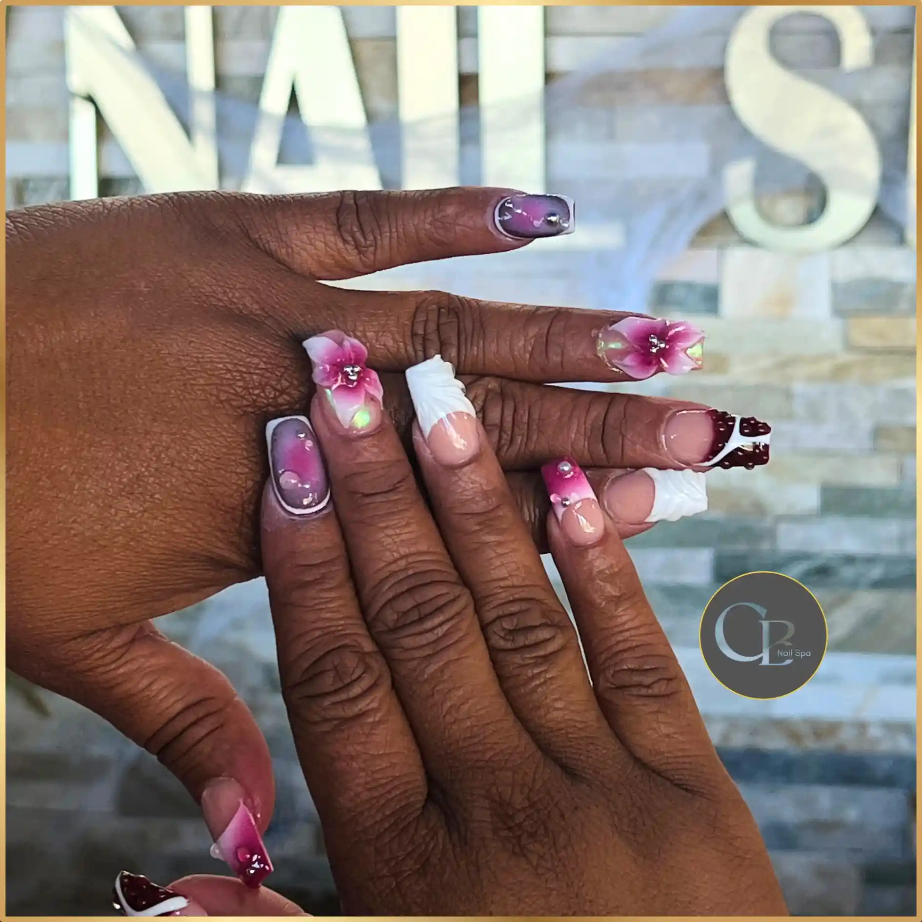 Mixed 3d Floral Airbrush Square Nails nail design