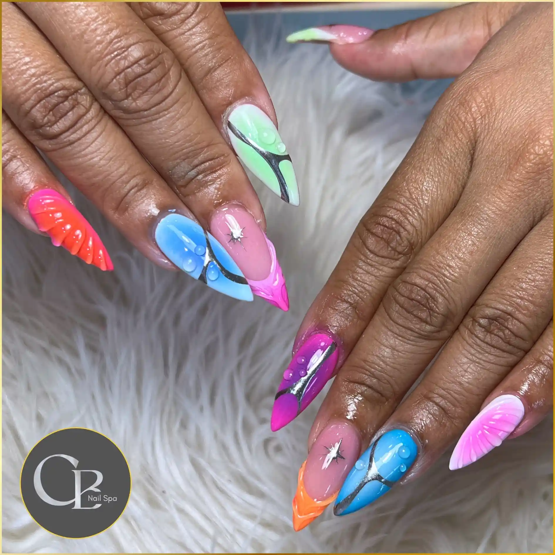 Neon Rainbow Animal Print Stiletto Nails3d Water Droplet Shell Stiletto Nails nail design