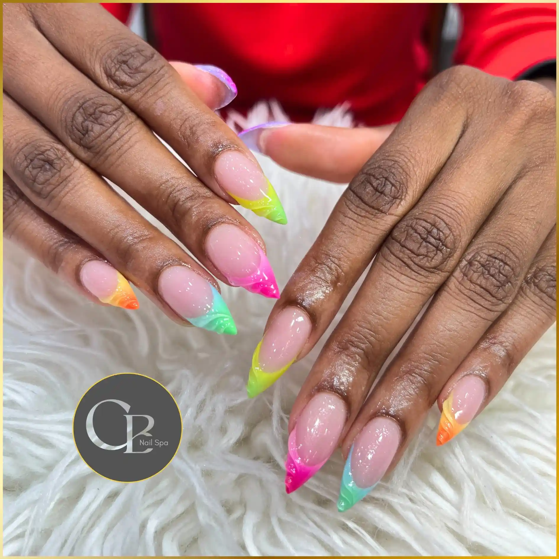 Neon Rainbow Swirl French Stiletto Nails nail design