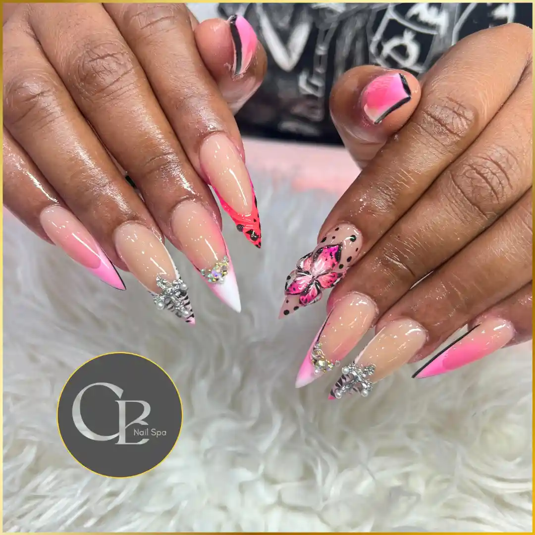Pink Butterfly Stiletto Nails nail design