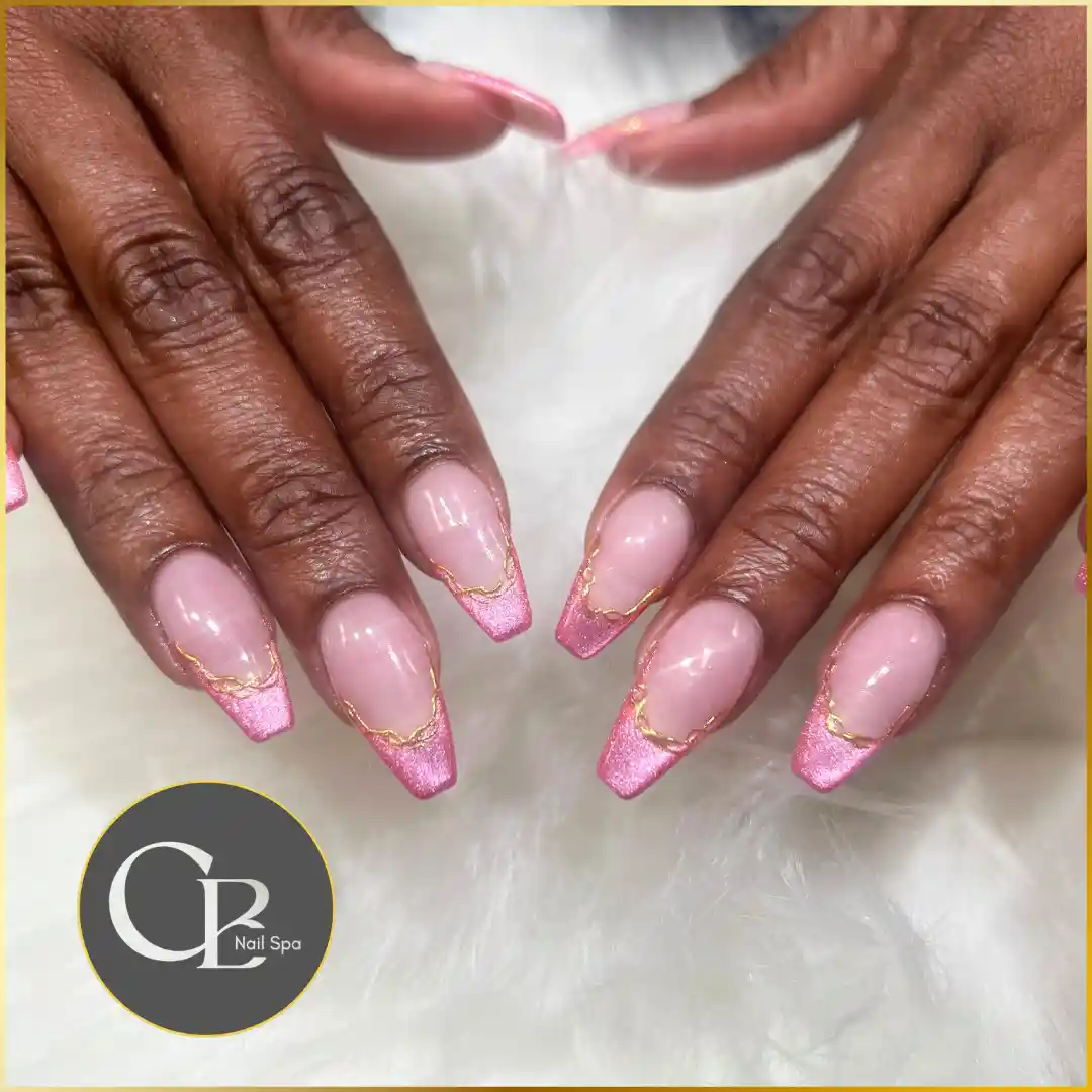 Pink Cat Eye Gold Swirl French Nails nail design