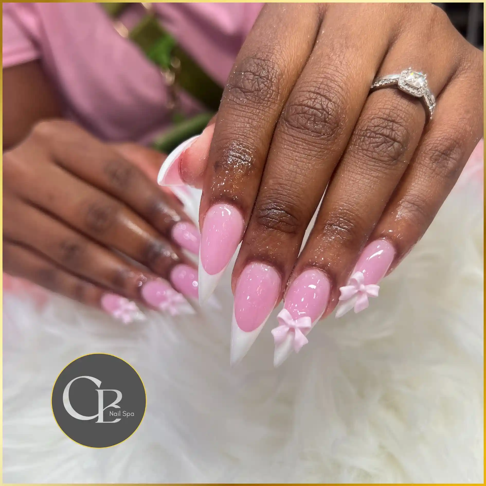 Pink French 3d Bow Stiletto Nails nail design