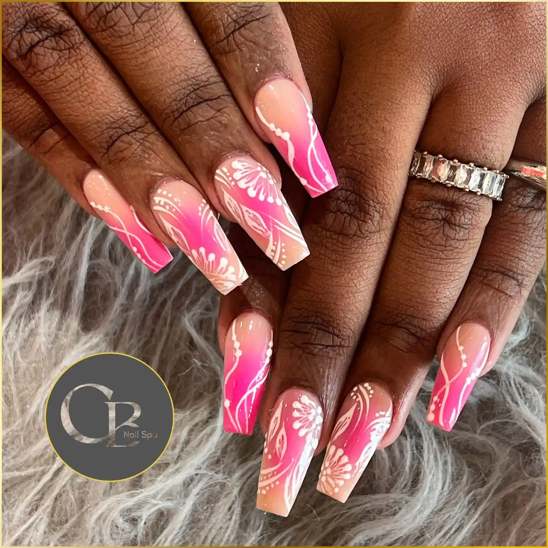 Pink Ombre White Lace Square Nails nail design