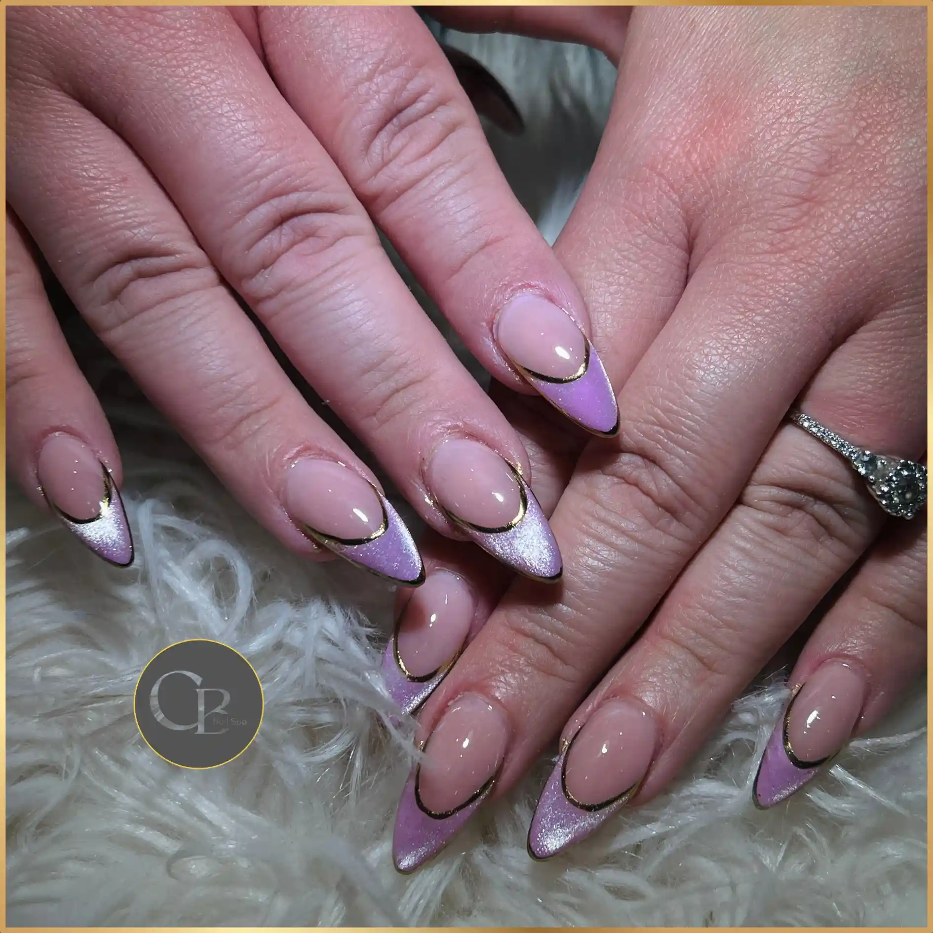 Purple Cat Eye Gold Outline Stiletto Nails nail design