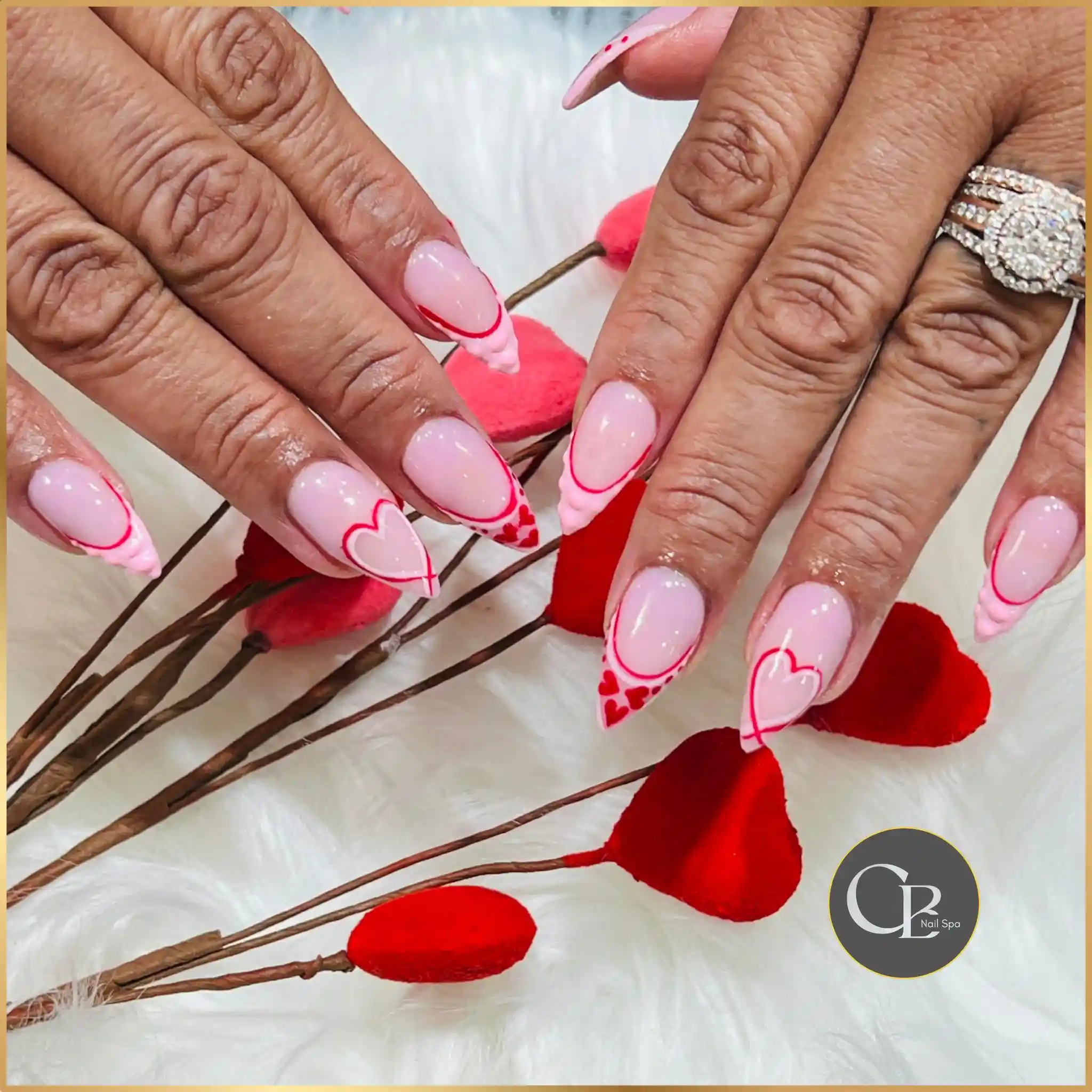 Red Heart French Line Art Stiletto Nails nail design