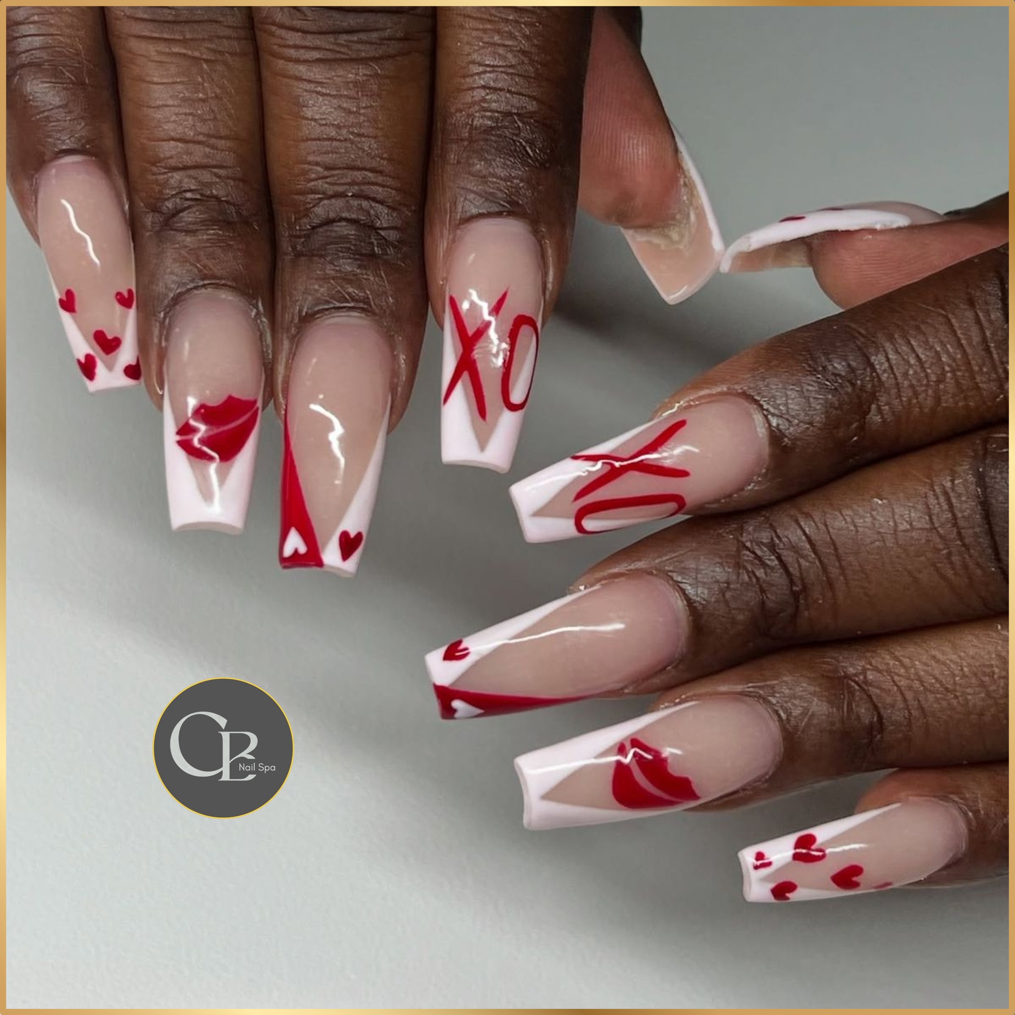 Red Hearts Lips Xoxo Square Nails nail design