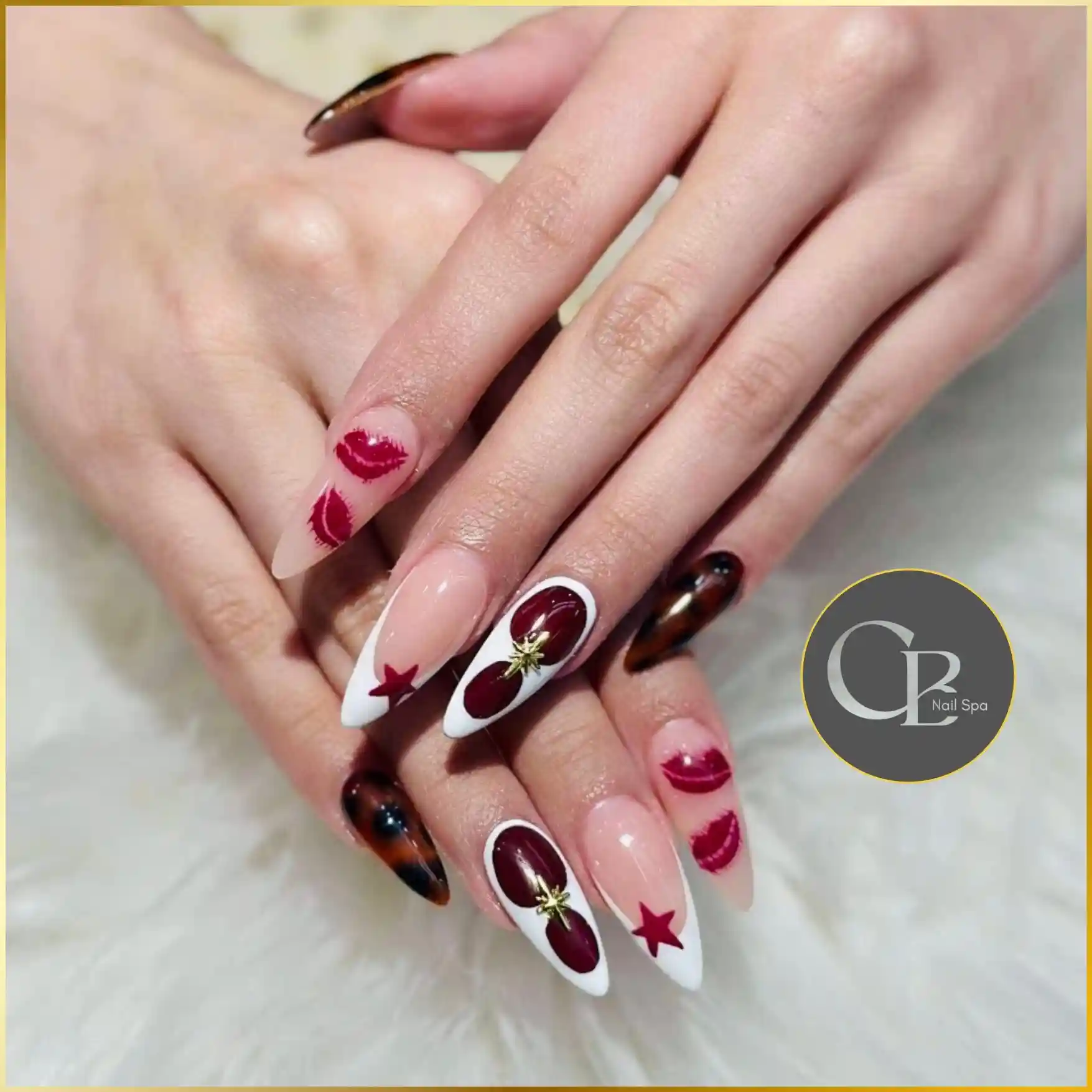 Red Lips Star Tortoiseshell Stiletto Nails nail design