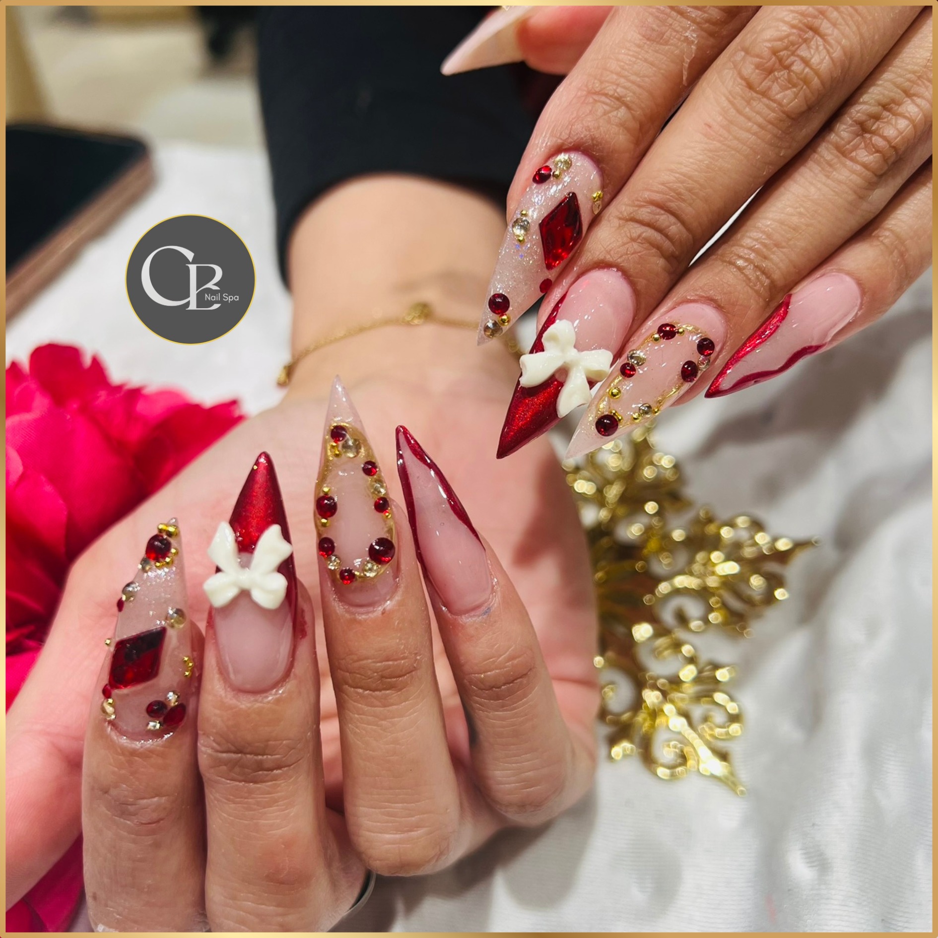 Red Velvet Glam 3d Bow Stiletto Nails nail design